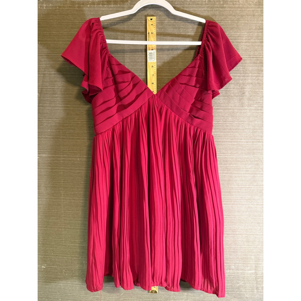 Magenta Pink Pleated Empire Waist Flutter Sleeve V-Neck Mini Dress Cocktail